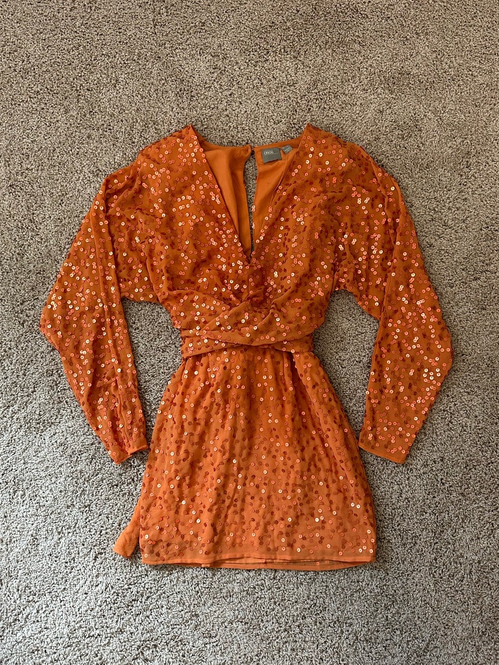 ASOS Orange Sequin Long-Sleeve Twist-Waist Mini Dress